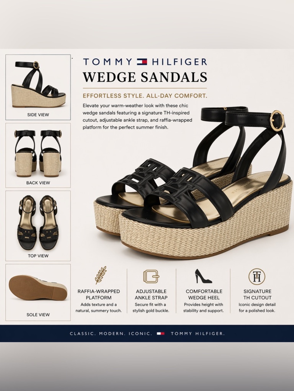 Tommy Hilfiger Black Raffia-Wrapped Wedge Sandals size 11
